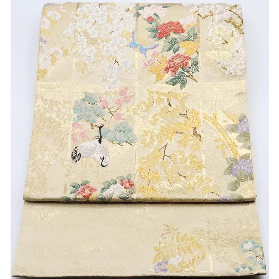 留袖用 西陣織袋帯 ベージュ 金 短冊文 鶴 松竹梅 F5457 美品 Mサイズ 