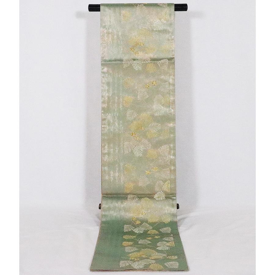 お洒落訪問着用 袋帯 正絹 緑 金引箔 松 梅 Lサイズ F5631 未使用品 