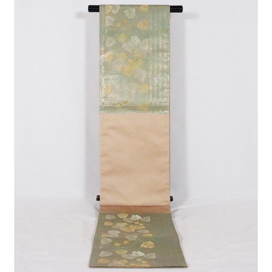 お洒落訪問着用 袋帯 正絹 緑 金引箔 松 梅 Lサイズ F5631 未使用品 
