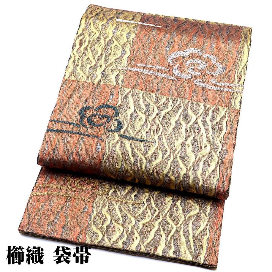 お洒落着訪問着用 袋帯 正絹 金 赤 櫛織 格子縞 雲 Mサイズ F5939 新品 