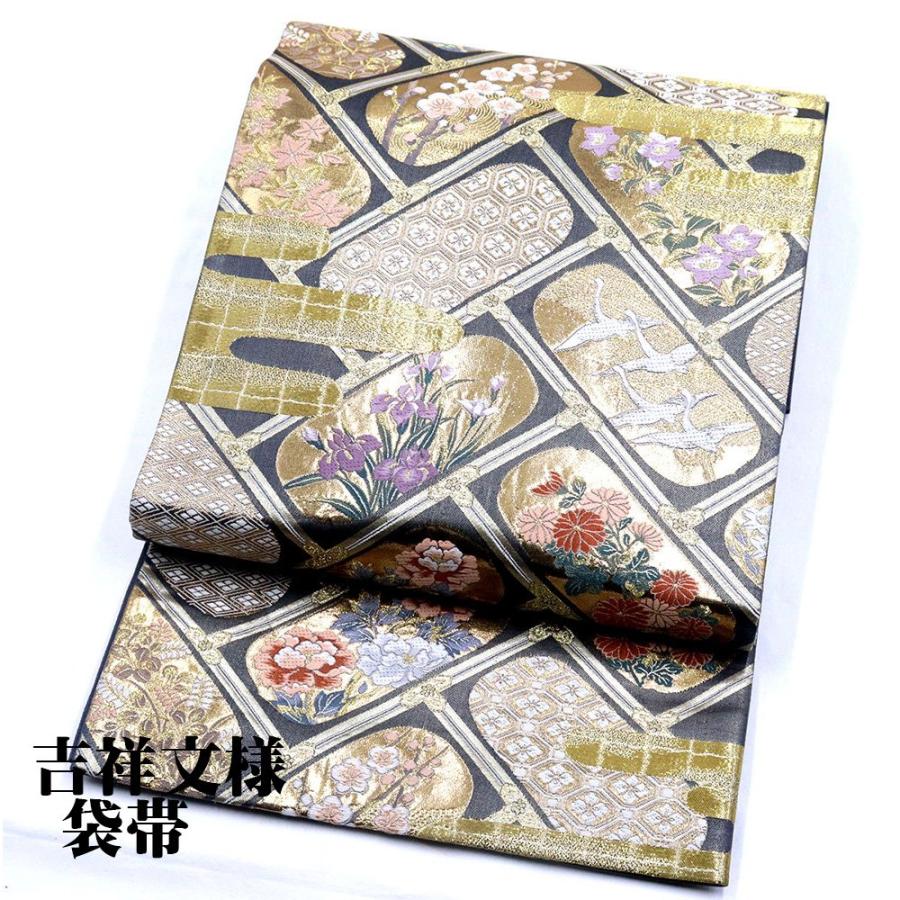 ブランド登録なし 礼装用 袋帯 正絹 紫 金箔 天井文 鶴 牡丹 菊 梅 