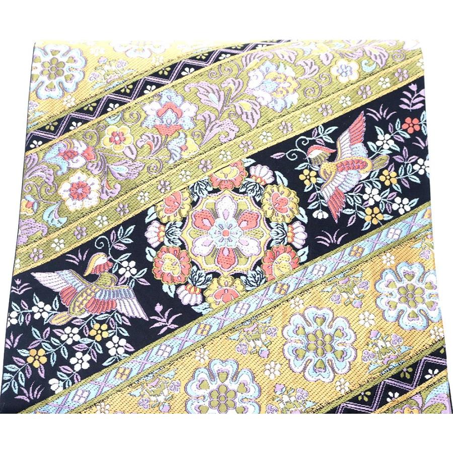 ブランド登録なし 礼装用 袋帯 正絹 黒 金茶 茶色 花喰鳥 唐花 華文  