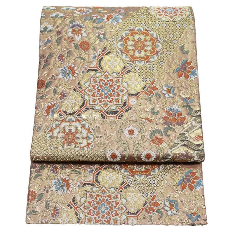 礼装用 袋帯 正絹 金 小豆色 唐花 華文 Sサイズ F6094 美品 レディース  