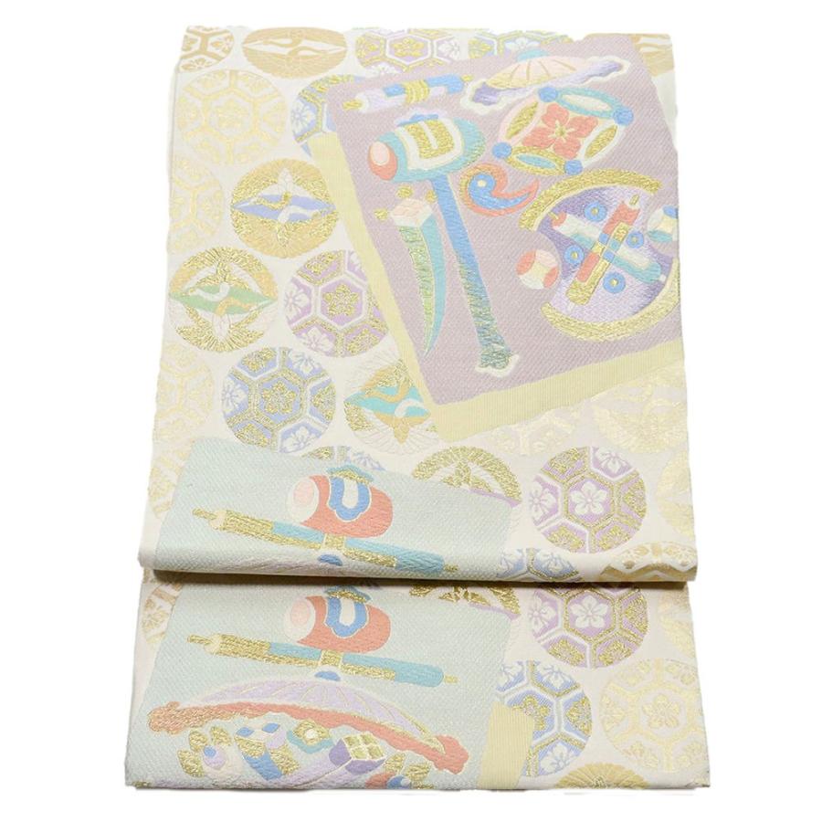 礼装用 袋帯 正絹 ベージュ 金箔 宝尽くし 色紙文 向い鶴 桜花文 L