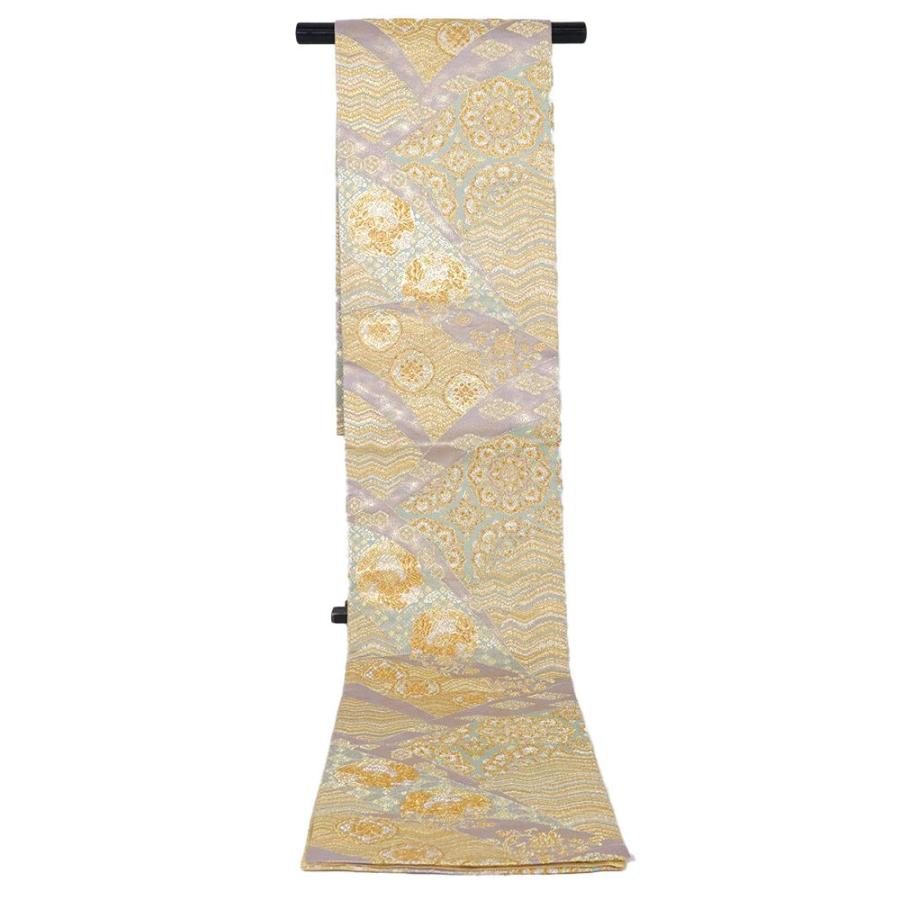 387△正絹 袋帯 六通 華文様 正倉院 御綾染 茶基調 金 ピンク 青 袋有  