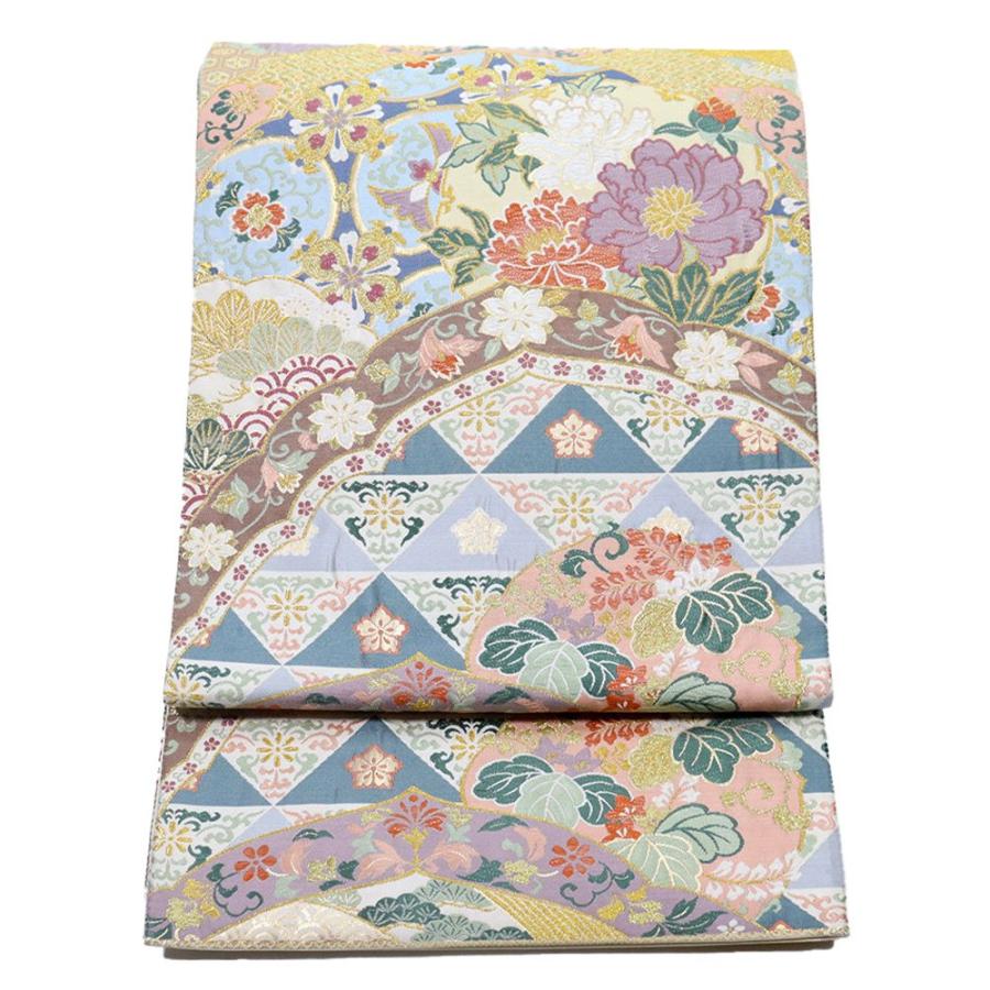 礼装用 袋帯 正絹 華御殿文様 ベージュ 緑 赤 紫 グレー 金 松竹梅 