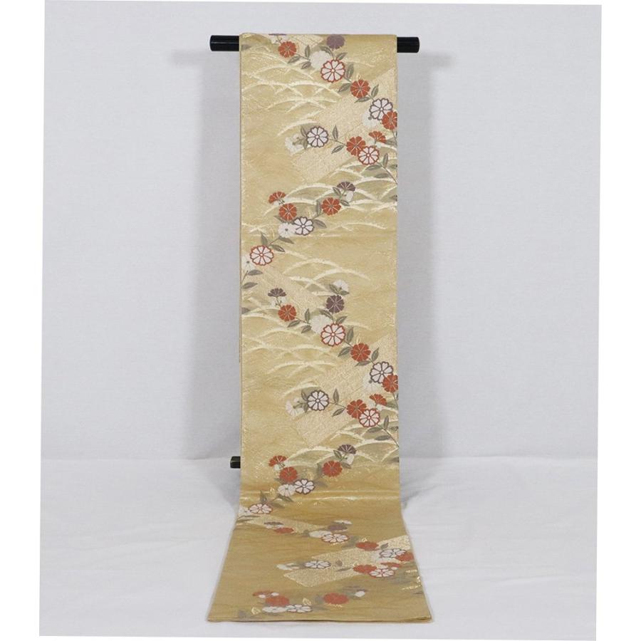 S未仕立て正絹半幅帯鶯色地に花菱、紗綾形模様 