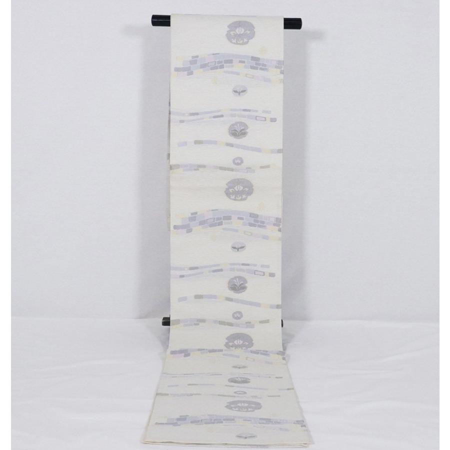 訪問着用 紗 袋帯 正絹 薄グレー 唐花 花丸文 花壇 Lサイズ F6330 美品 