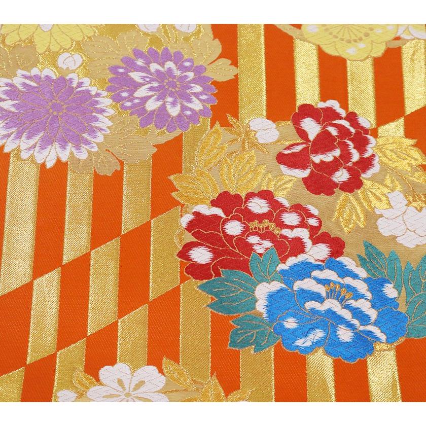 振袖用 袋帯 正絹 オレンジ 金 縞 梅 牡丹 菊 Lサイズ F6480 美品
