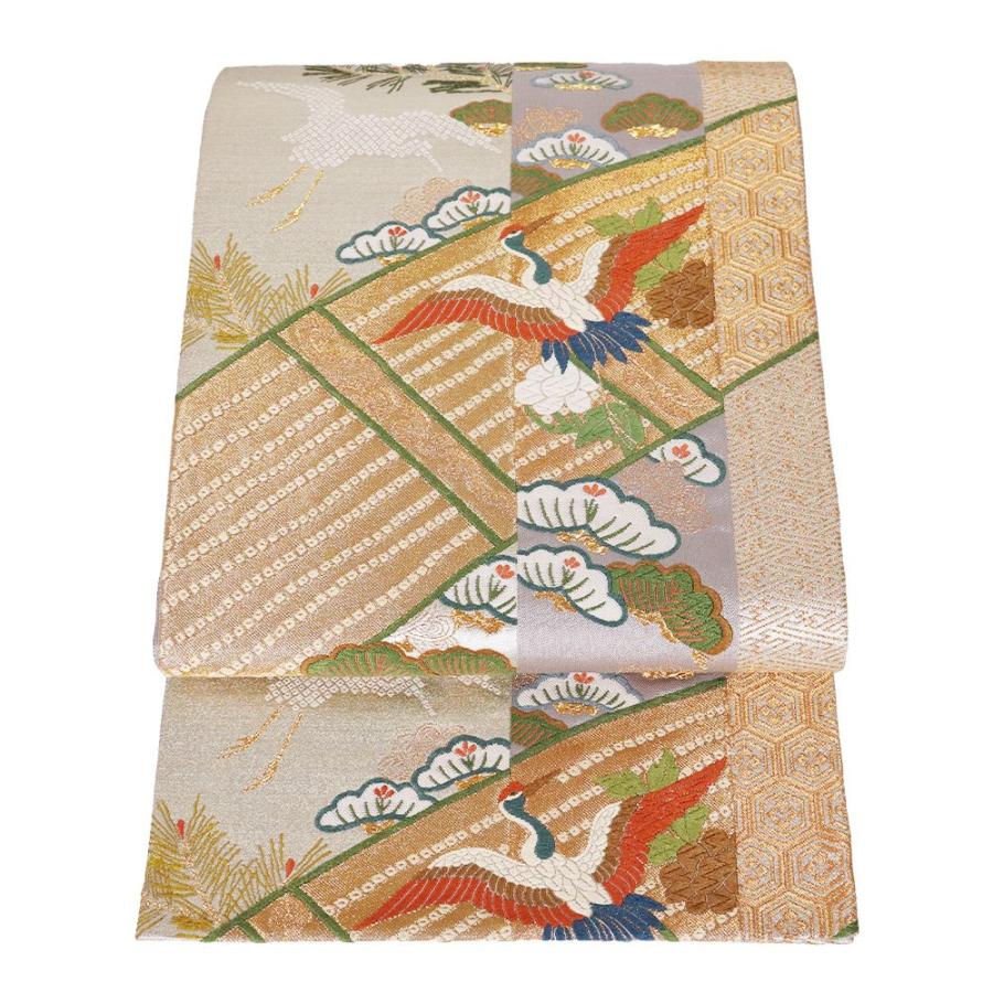 ブランド登録なし 大舎人座 刺繍匹同 松鶴簾模様 礼装用 袋帯 正絹 銀 