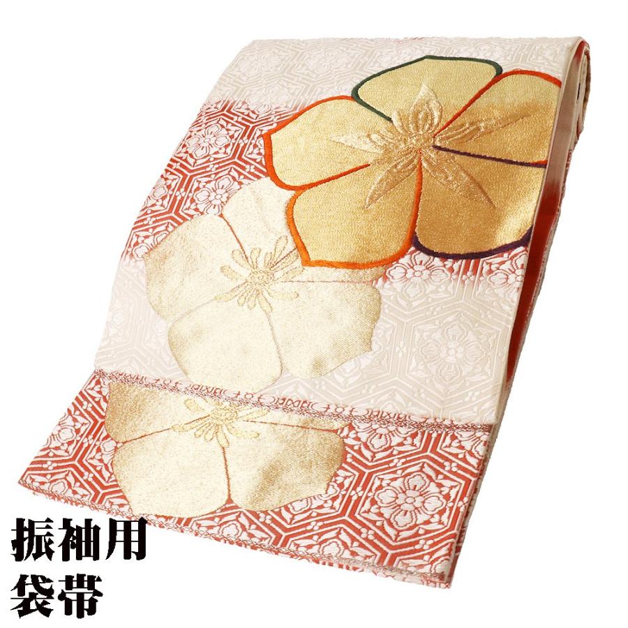 訪問着用 袋帯 正絹 赤 白 金 桔梗 華文 亀甲 SSサイズ F6619 美品