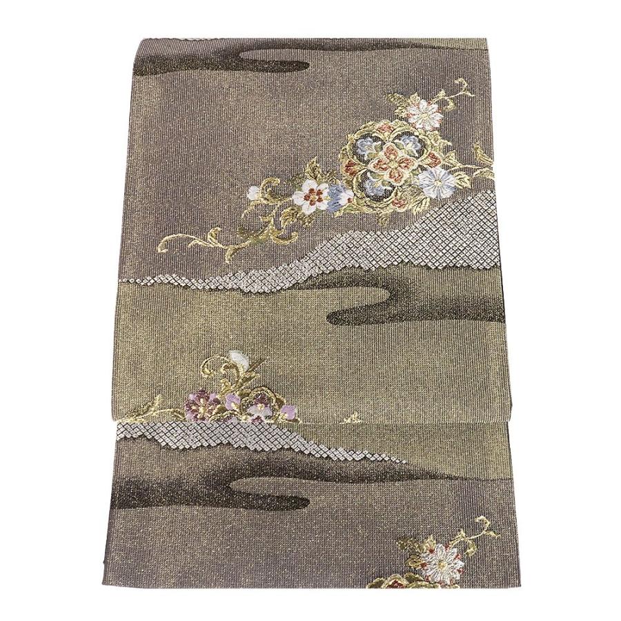 礼装用 西陣織袋帯 正絹 黒 金 銀 紫 緑 縦縞 唐花 華文 Mサイズ F6628 