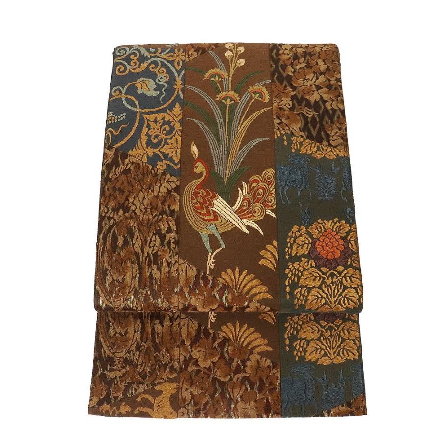 お洒落訪問着用 袋帯 正絹 裂取正倉院文様 茶 緑 赤紫 孔雀 唐花 L  