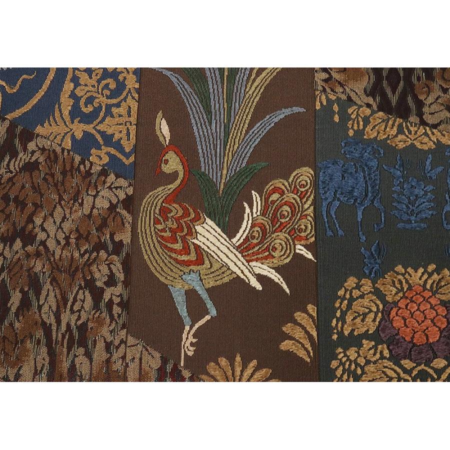 お洒落訪問着用 袋帯 正絹 裂取正倉院文様 茶 緑 赤紫 孔雀 唐花 L  