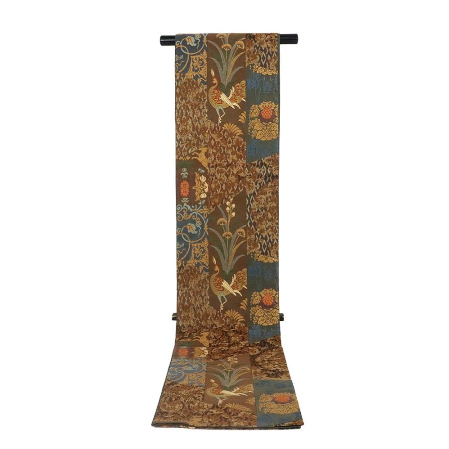 お洒落訪問着用 袋帯 正絹 裂取正倉院文様 茶 緑 赤紫 孔雀 唐花 L  