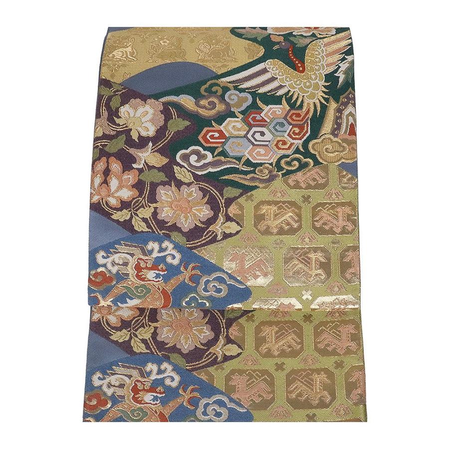 礼装用 袋帯 正絹 優宮鳳凰文 青グレー 緑 金箔 ベージュ 鳳凰 花兎 