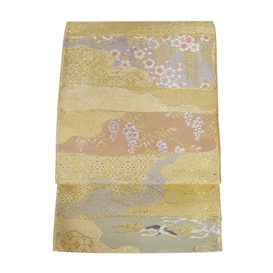 礼装用 袋帯 正絹 欄間桜鶴図 金箔 ベージュ 鶴 桜 藤 Lサイズ F6741  