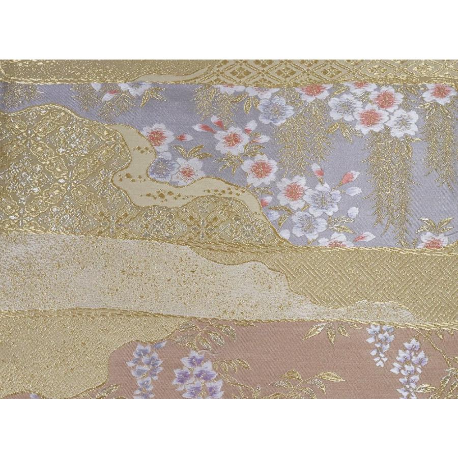 礼装用 袋帯 正絹 欄間桜鶴図 金箔 ベージュ 鶴 桜 藤 Lサイズ F6741  
