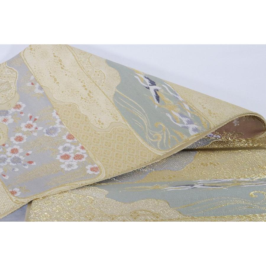 礼装用 袋帯 正絹 欄間桜鶴図 金箔 ベージュ 鶴 桜 藤 Lサイズ F6741  