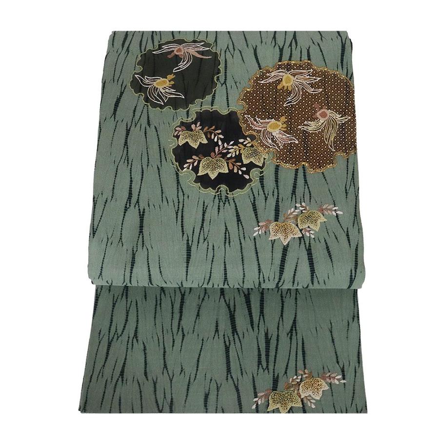 お洒落訪問着用 手織り紬 袋帯 正絹 緑 杢目絞り 刺繍 亀 桐 Lサイズ  