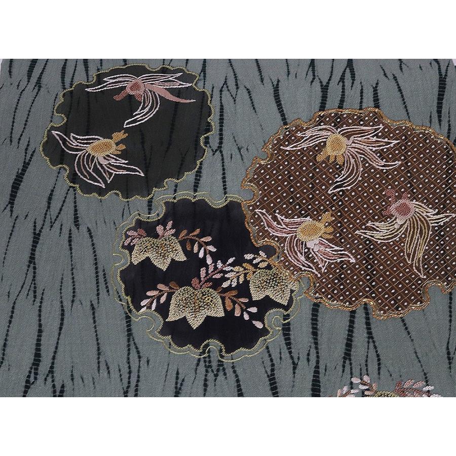 お洒落訪問着用 手織り紬 袋帯 正絹 緑 杢目絞り 刺繍 亀 桐 Lサイズ  