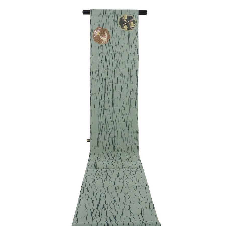 お洒落訪問着用 手織り紬 袋帯 正絹 緑 杢目絞り 刺繍 亀 桐 Lサイズ  