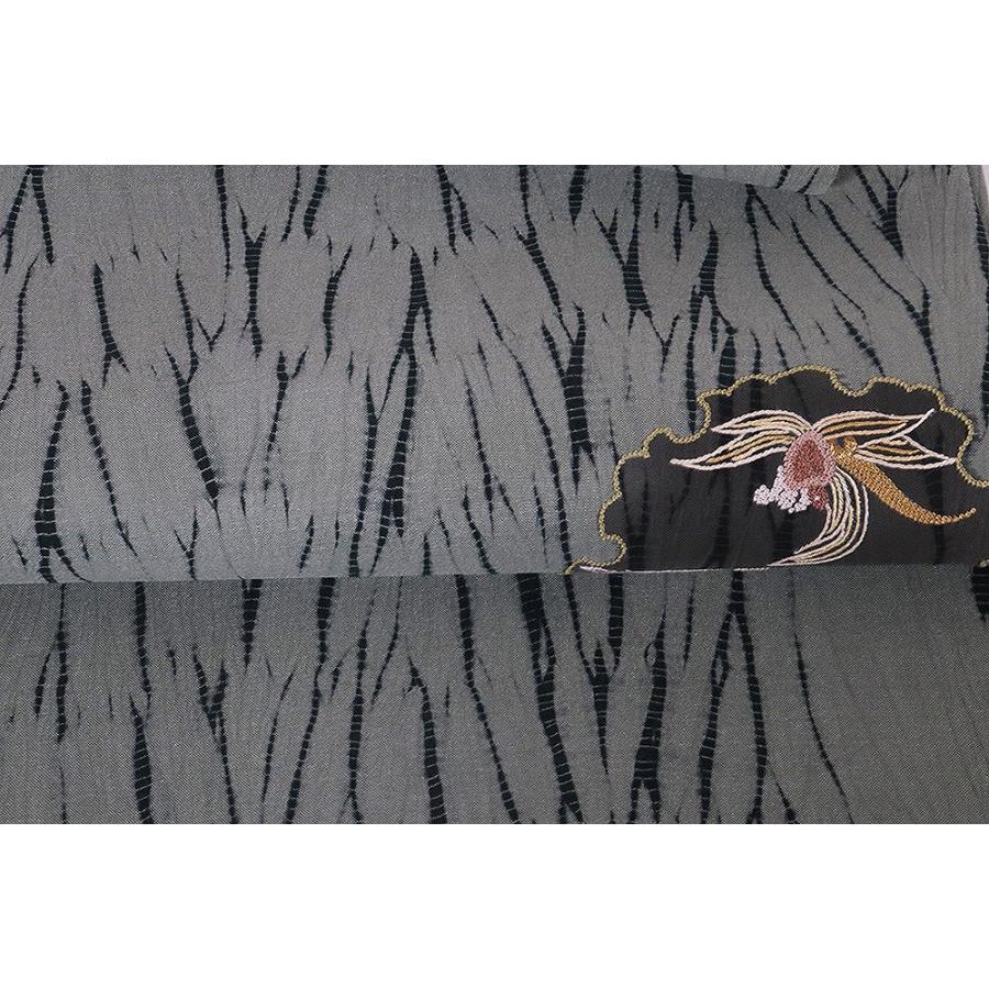 お洒落訪問着用 手織り紬 袋帯 正絹 緑 杢目絞り 刺繍 亀 桐 Lサイズ  