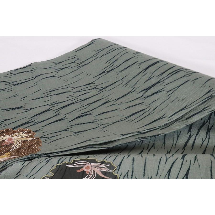 お洒落訪問着用 手織り紬 袋帯 正絹 緑 杢目絞り 刺繍 亀 桐 Lサイズ  