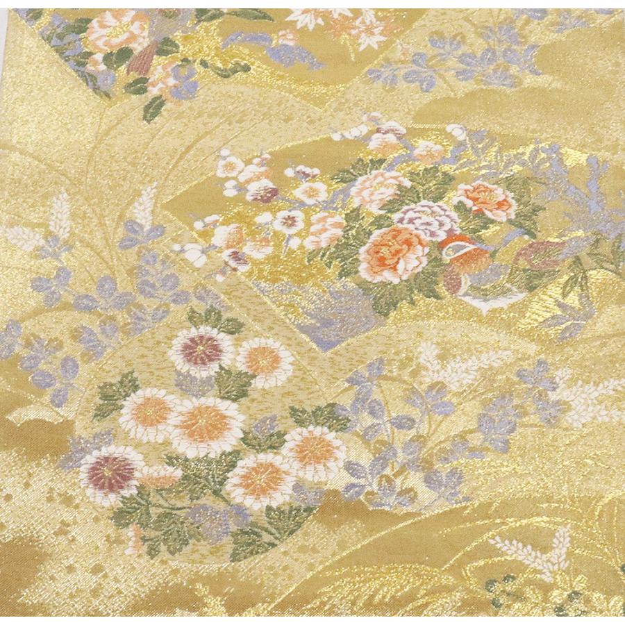 礼装用 袋帯 正絹 金 銀 茶色 緑 荒磯 花兎 有栖川文様 七宝文 鱗文 鳥 
