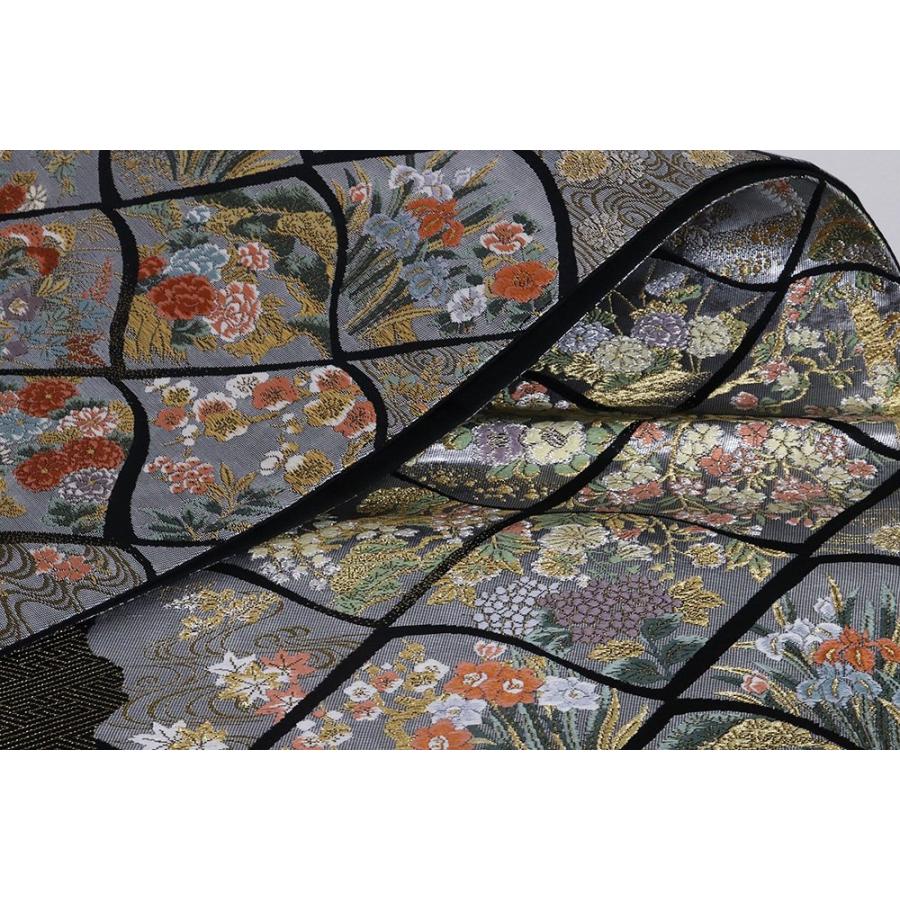 訪問着用 袋帯 正絹 黒 金箔 銀箔 瓦文 四君子 松竹梅 蘭 菊 牡丹 菖蒲 