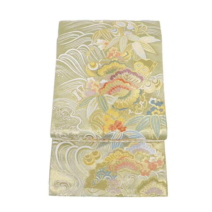 訪問着用 袋帯 正絹 薄緑 金箔 松竹梅 宝尽くし 波 Lサイズ F6794 新品