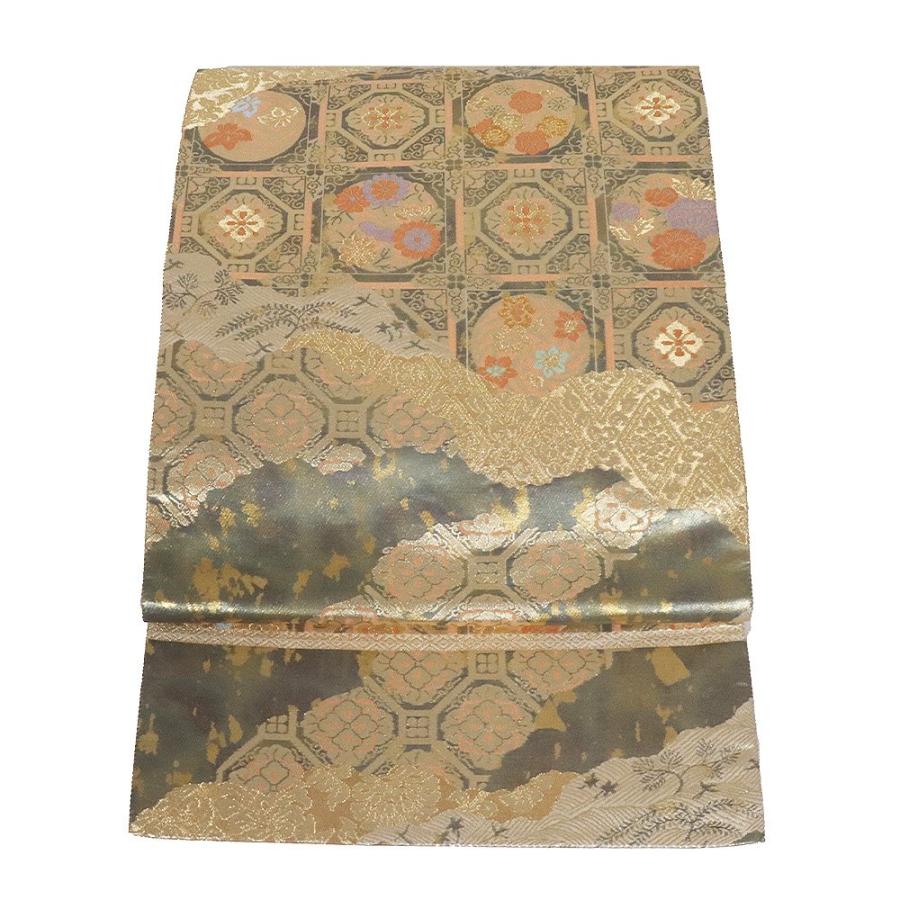 服部織物謹製 礼装用 西陣織袋帯 正絹 こはく錦 二重箔織 緑 金箔 鳥  