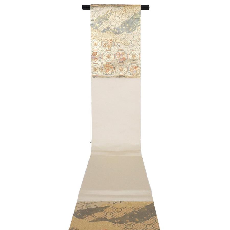 服部織物謹製 礼装用 西陣織袋帯 正絹 こはく錦 二重箔織 緑 金箔 鳥  