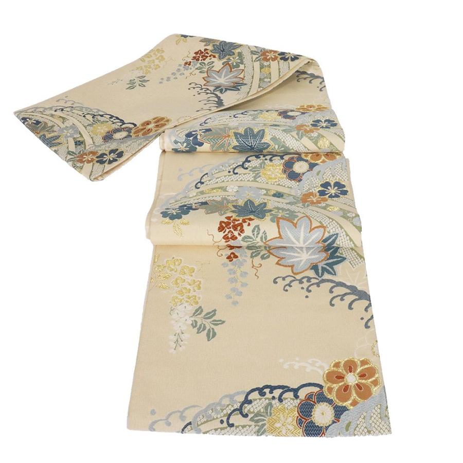 礼装用 袋帯 正絹 ベージュ 膨れ織 荒波 梅 桜 紅葉 藤 Mサイズ F6931  