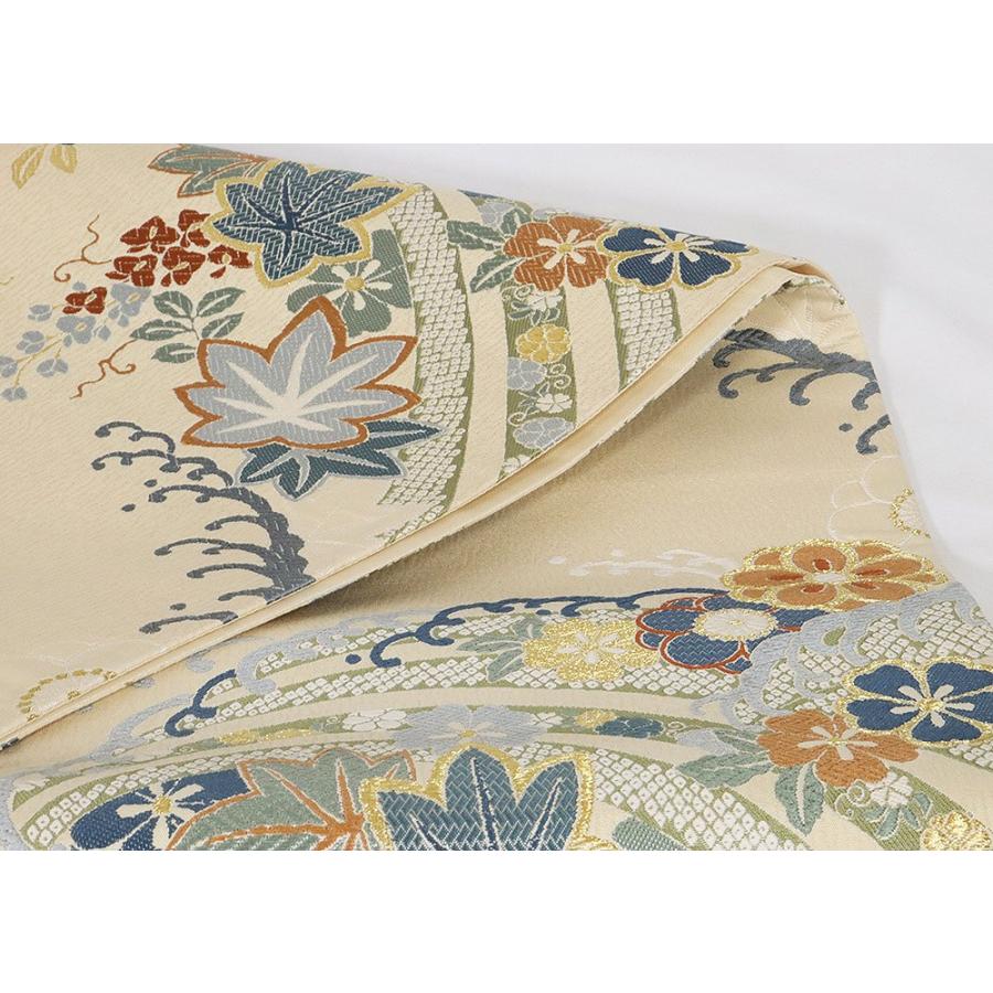 礼装用 袋帯 正絹 ベージュ 膨れ織 荒波 梅 桜 紅葉 藤 Mサイズ F6931  