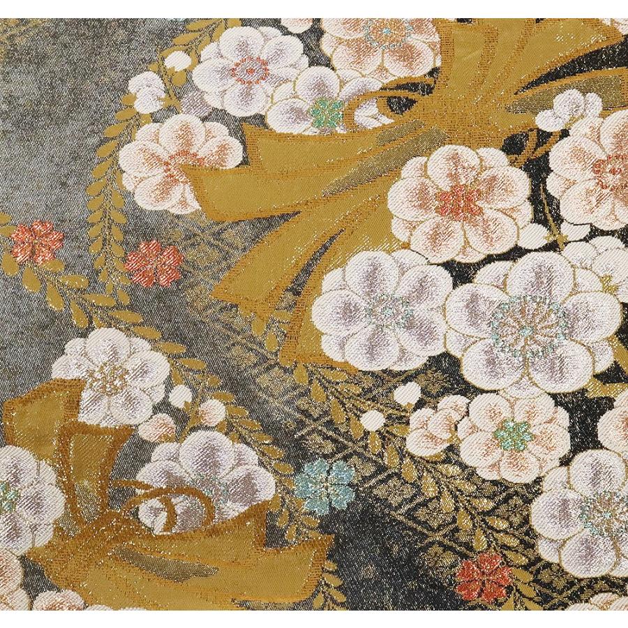 振袖用 袋帯 正絹 黒 金 銀 暈し 梅 熨斗束文 Mサイズ F6945 美品 