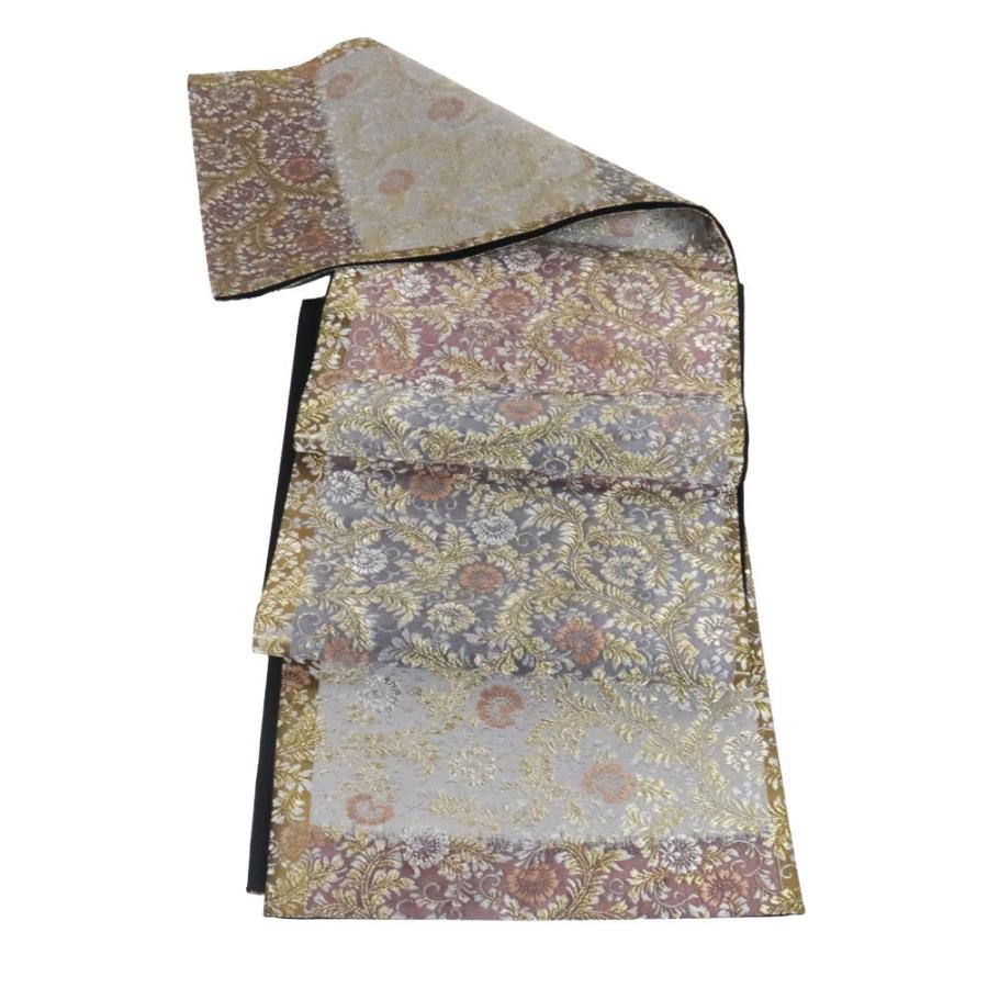 ブランド登録なし 礼装用 袋帯 正絹 赤紫 グレー 金箔 唐花 横縞 M  