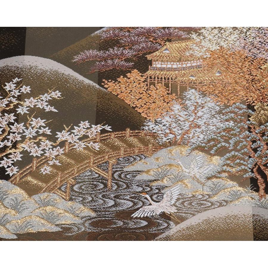 礼装用 袋帯 正絹 濃茶 オーク色 金箔 清水寺風景 鶴 松竹梅 Mサイズ 