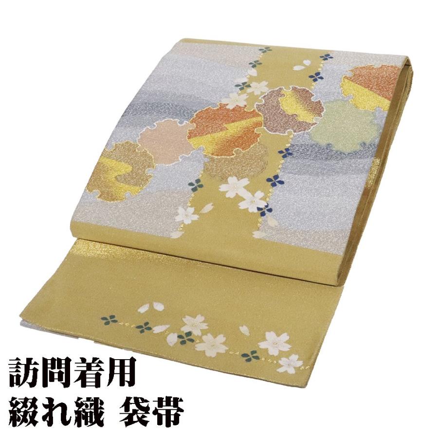 ブランド登録なし 訪問着用 綴れ織 袋帯 正絹 両方向帯 金茶 金糸通し  