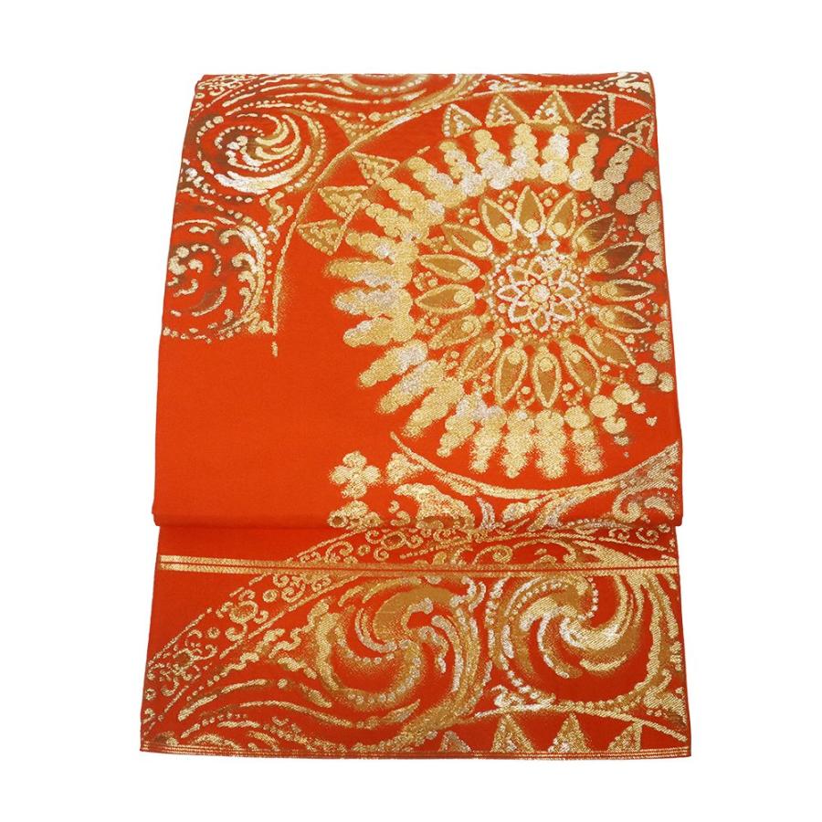 川島織物謹製 礼装用 西陣織袋帯 正絹 朱色 金 華文 鏡文 Sサイズ  