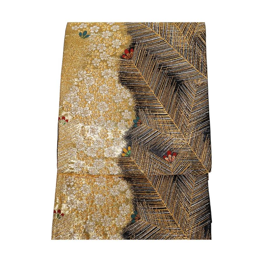 礼装用 袋帯 正絹 黒 金 華文 格子縞 全通 Mサイズ F5934 新品 