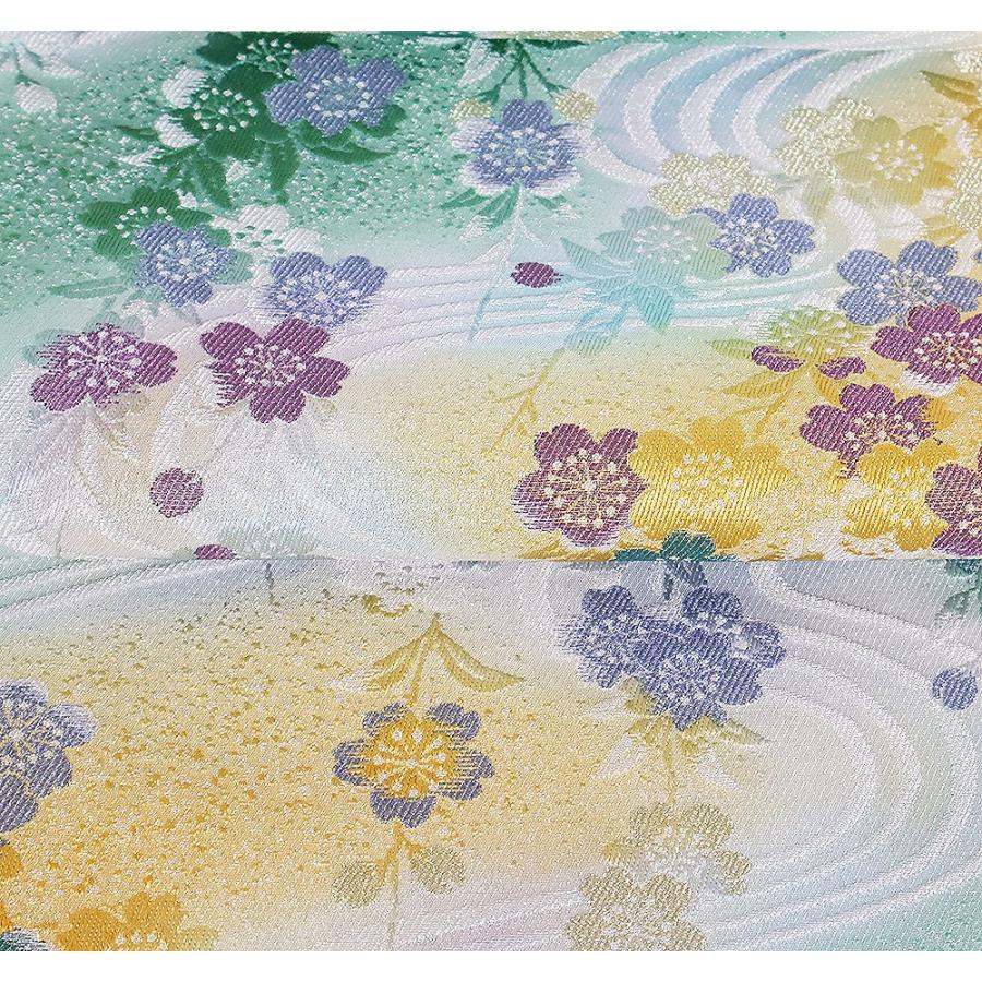 訪問着用 袋帯 正絹 緑 黄色 紫 暈し 桜花 全通 菱文 Lサイズ F7405 