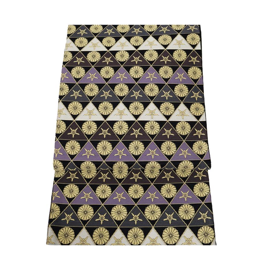 礼装用 袋帯 正絹 白 黒 グレー 紫 金 有栖川菊 鱗文 Lサイズ F7515