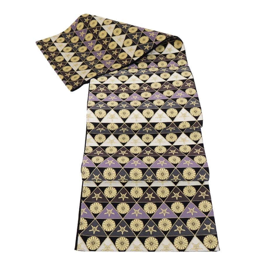 礼装用 袋帯 正絹 白 黒 グレー 紫 金 有栖川菊 鱗文 Lサイズ F7515