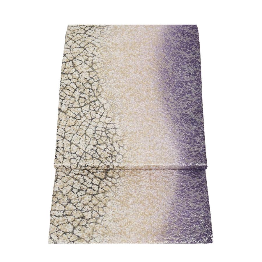 訪問着用 袋帯 正絹 金 銀 紫 緑 地割れ模様 流水 全通 ロングサイズ