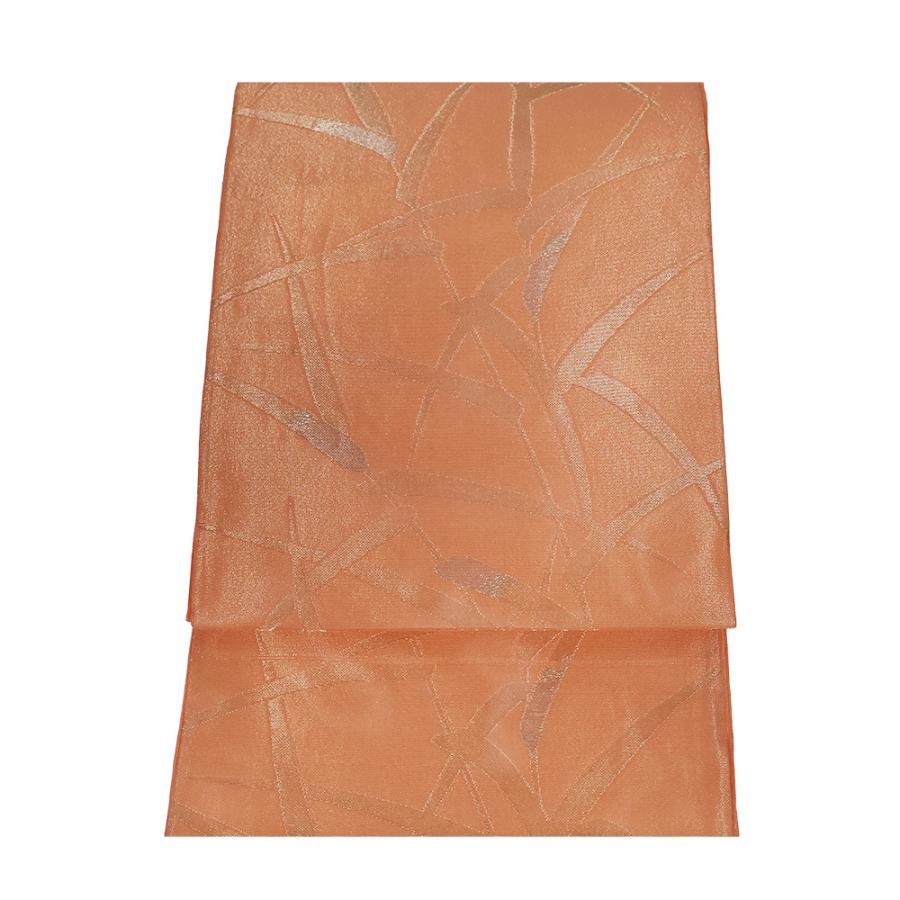 夏用　正絹　袋帯 紗 袋帯 正絹 橙色 金 笹 Mサイズ F7908 美品 夏帯 盛夏 単衣 夏着物