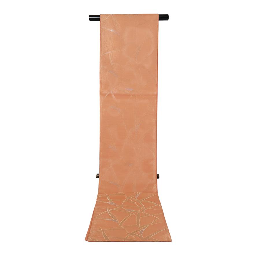 紗 袋帯 正絹 橙色 金 笹 Mサイズ F7908 美品 夏帯 盛夏 単衣 夏着物