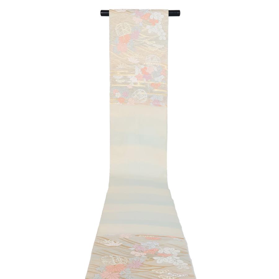 花柄刺繍 袋帯 絹 ベージュ シルック 東レシルック 糸使用 洗える 袋帯 織・格子に大華紋