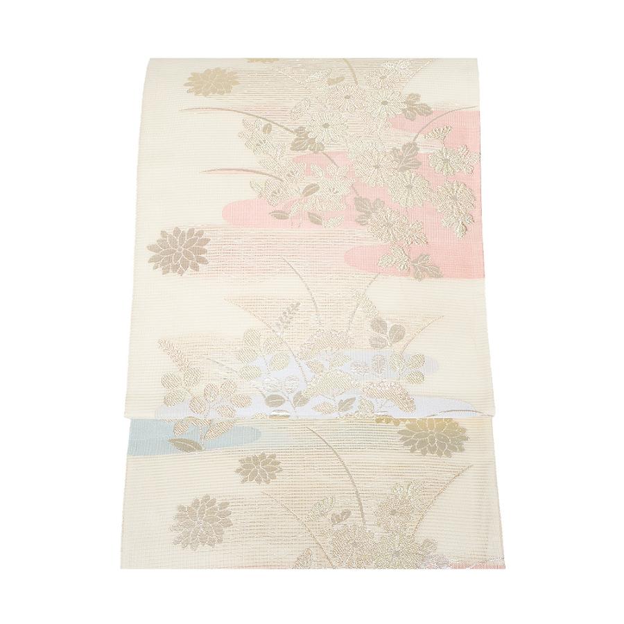 絽 袋帯 正絹 ベージュ ピンク グレー 金箔 霞文 菊 萩 月下美人 L