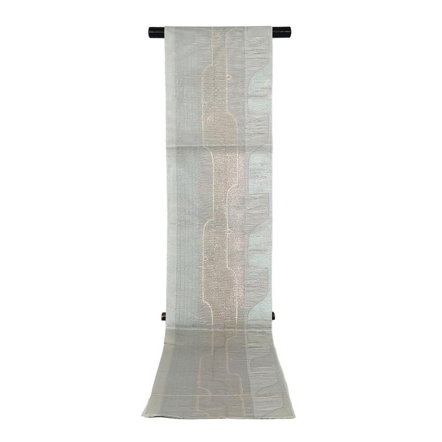 紗 袋帯 正絹 緑 薄緑 金箔 幾何模様 縞 Lサイズ F8085 美品 夏